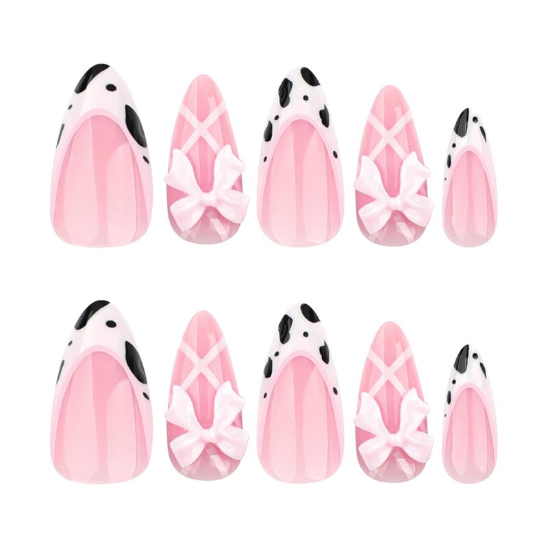 ASABITE 24 Pcs Pink Almond Press on Nails Short Medium Fake Nails with Glue, Reusable Press on Nails Acrylic Artificial Nails, Cute French Tip False Nails with Bow Cow Pattern Design Almond Nails for Women - Image 5
